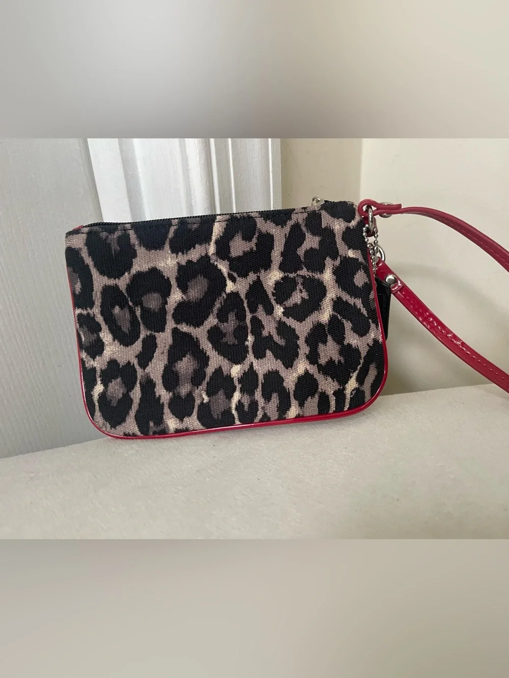 Coach Leopard Print Wristlet with Red Trim and Strap
